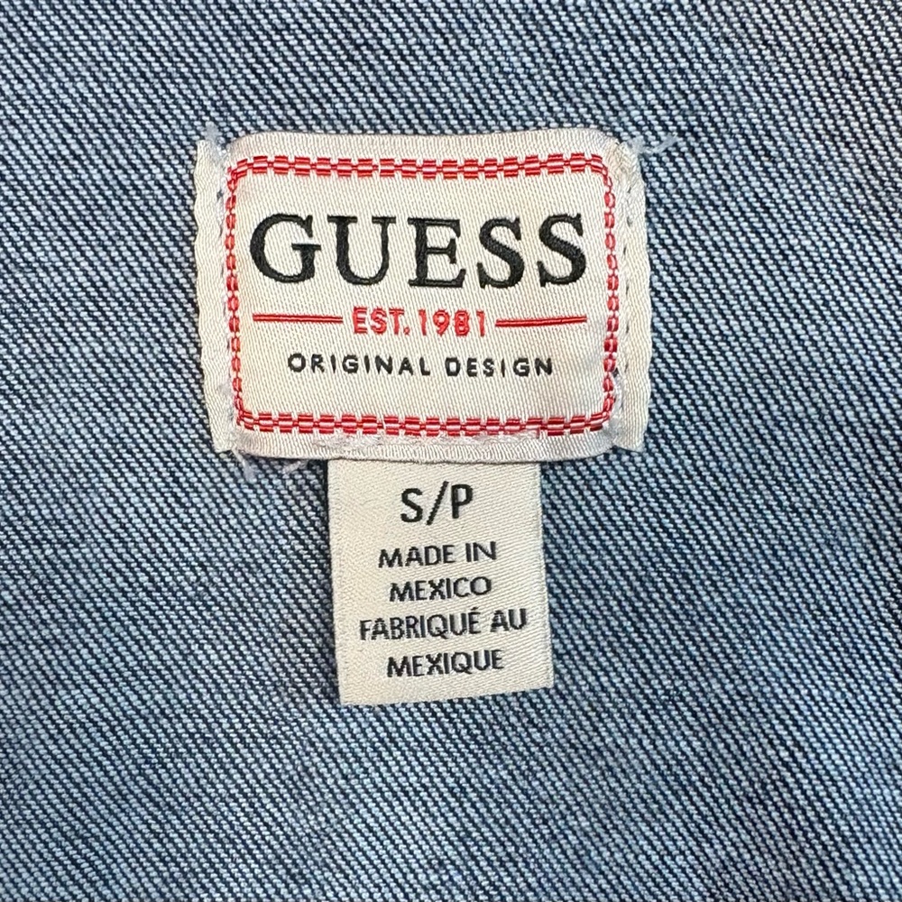 GUESS, Denim Belted Button Front Stella Mini Dress, Tropical Print, Size S - Picture 8 of 11